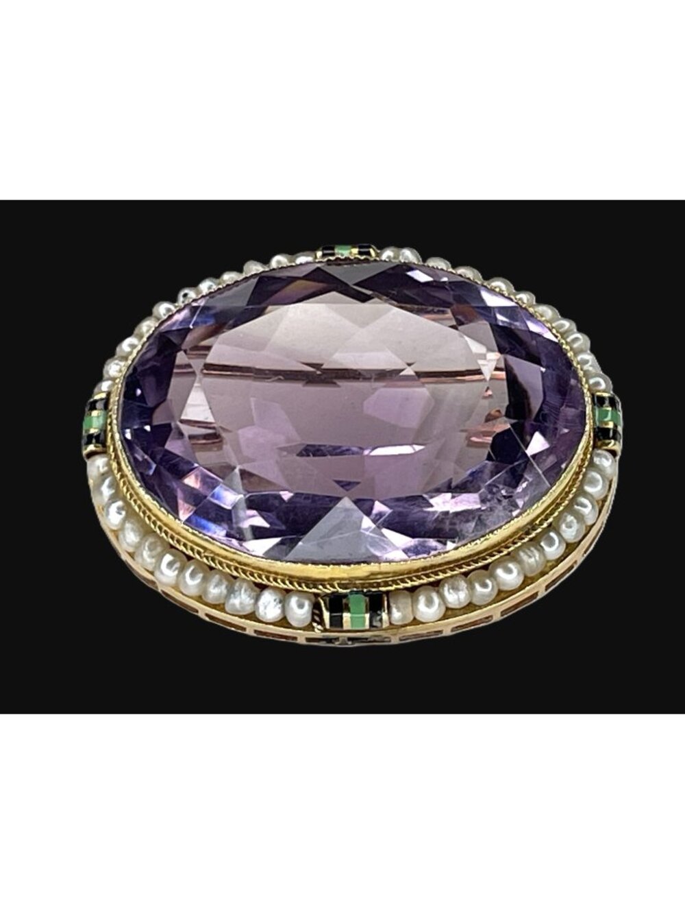 Antique Victorian 14K Gold Large Amethyst & Seed Pearl Brooch Enamel Accents c.